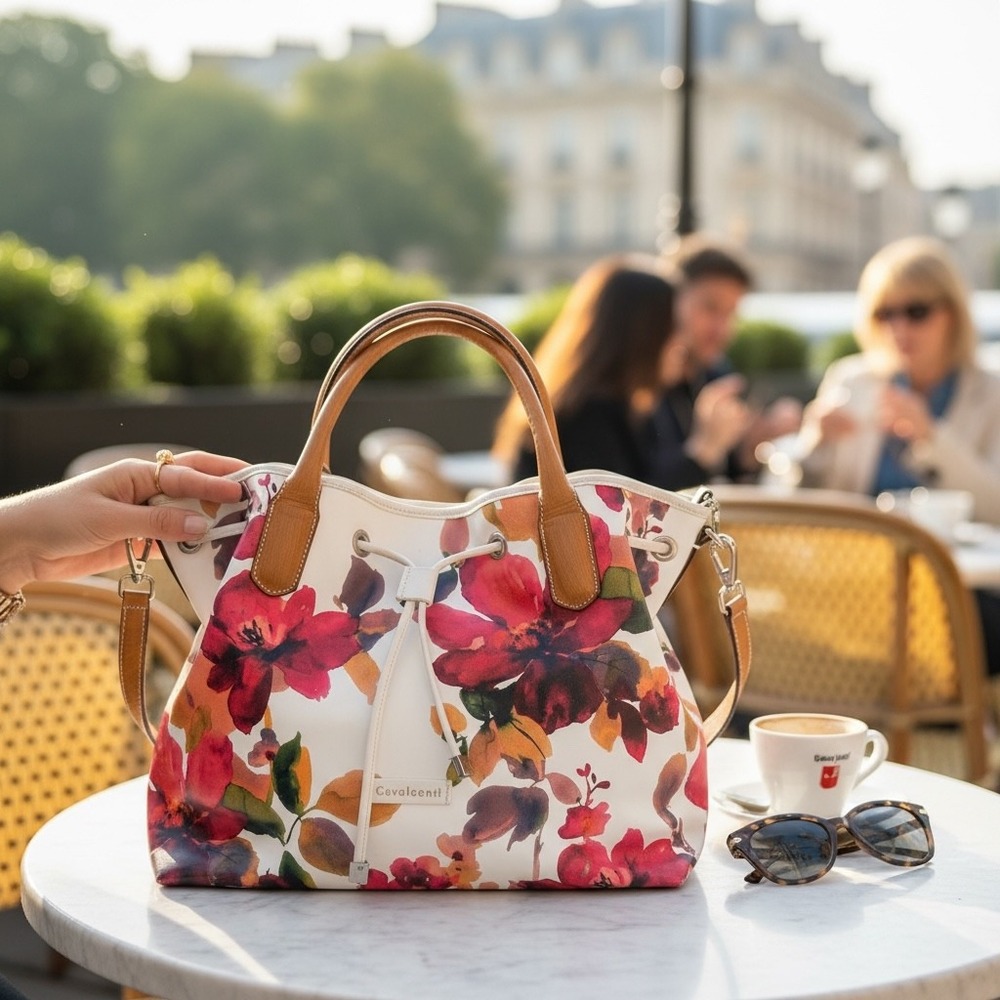 Cavalcanti Floral Leather Drawstring Tote Bag Made in Italy Multicolor Handbag